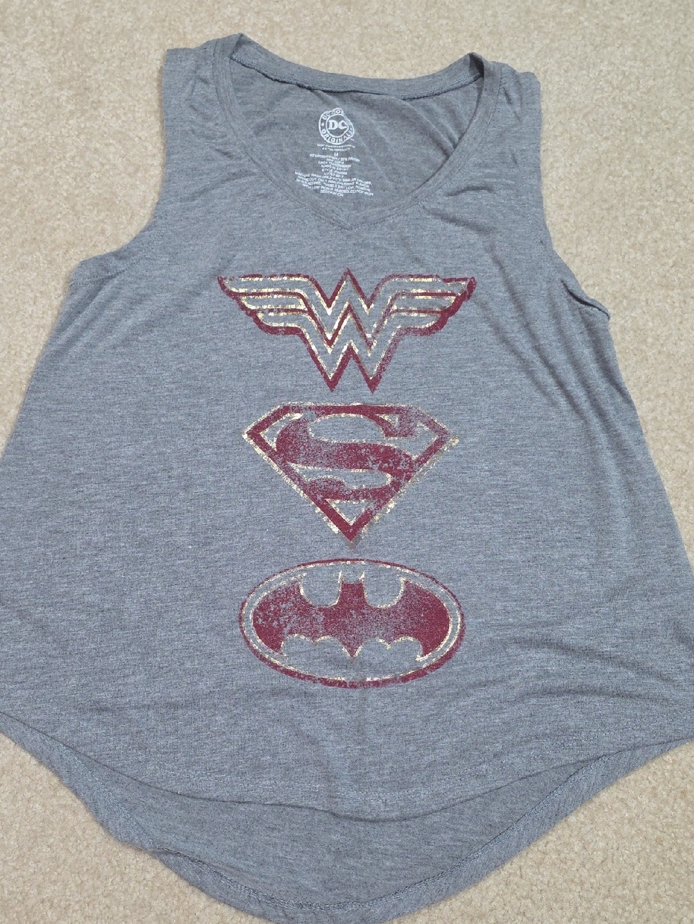 DC Gray Tank Top with Glittery Maroon Superhero Logos
